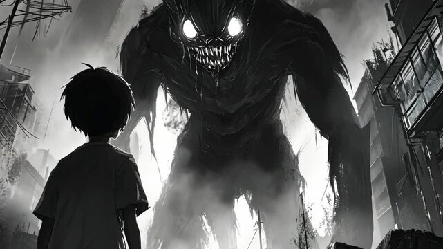 A young boy stands in a city street, facing a large, monstrous creature in a black and white illustration