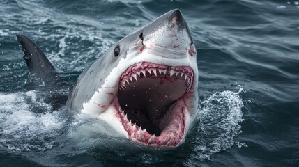 Obraz premium Majestic white shark, a powerful marine predator, showcasing its impressive open mouth underwater