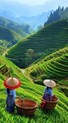 Medium beautiful tea hill, there are two beautiful Chinese girls, ethnic minorities, who are gathering tea,