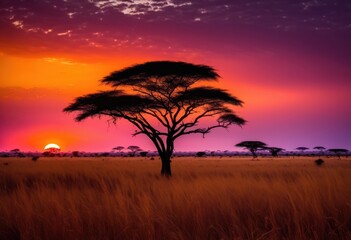 Obraz premium vibrant sunset over endless savanna landscape striking colors expansive horizon view, dusk, twilight, sky, silhouette, clouds, light, grass, evening, scenery