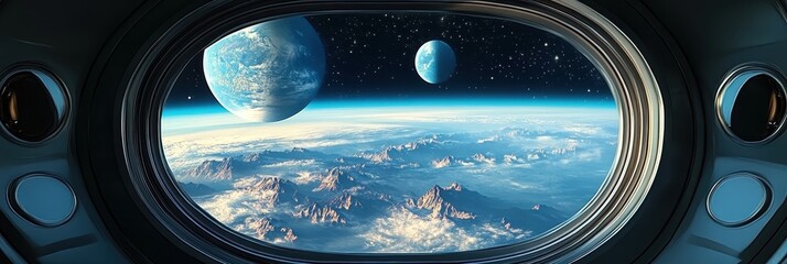 space view from spacecraft window, icy planet surface, distant moons, cosmic landscape, futuristic, science fiction, cinematic lighting, high detail, serene atmosphere
