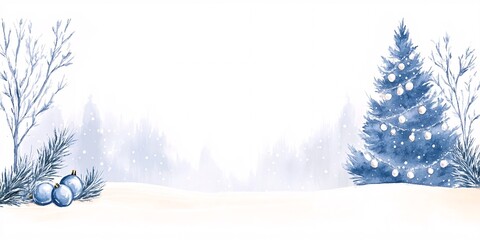 Fototapeta premium Beautiful New Year banner for stock photos, snowfall on a white background, watercolor paints, hand-drawn winter landscape. 