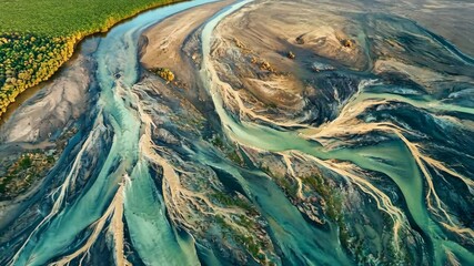 An aerial view of a river winding through a landscape, showing the intricate patterns created by the flow of water