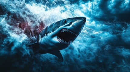 Fototapeta premium Majestic great white shark gracefully hunting in the deep blue ocean, a true underwater predator