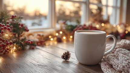 Blank white ceramic mug with Christmas coffee