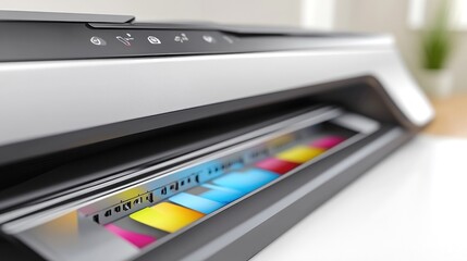 Close-up of a printer showing colorful ink cartridges for printing documents and images.
