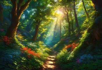 Obraz premium lush forest paths embellished vibrant greenery colorful foliage refreshing outdoor experience, adventure, light, landscape, meadow, nature, plants, scenic
