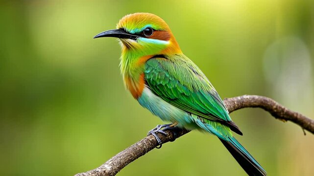 A blue-tailed bee-eater perches on a branch, its vibrant green and orange feathers catching the sunlight