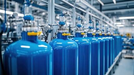 Industrial scene featuring blue gas cylinders in a manufacturing facility.