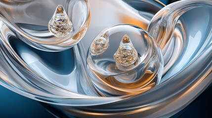 3D rendering of glossy black and gold spheres, and glass spheres with white and gold swirls in an elegant vase, set against a dark blue background with reflective lighting and luxurious finish.