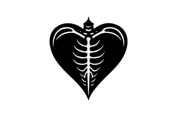 Heart with sternum. Chest bone. Gothic design, heart for Valentine's Day or Halloween. Hand drawing illustration vector isolated on white background. 