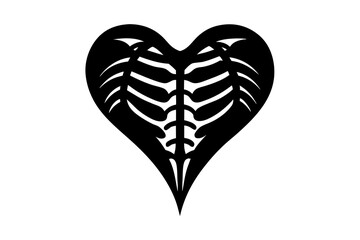 Heart with sternum. Chest bone. Gothic design, heart for Valentine's Day or Halloween. Hand drawing illustration vector isolated on white background. 