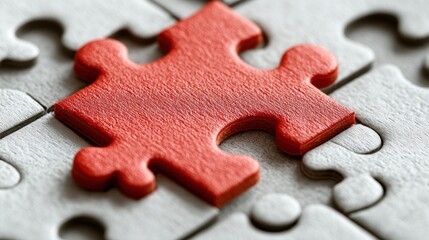 Fototapeta premium A single red puzzle piece stands out among gray pieces, symbolizing uniqueness and connection.
