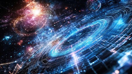 Physics or Mathematical Equations on a Universe-Themed LED Background -- AI Generated