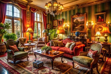 Elegant Edwardian Era Setting with Period Decor, Vintage Furniture, and Rich Textiles in Soft Lighting