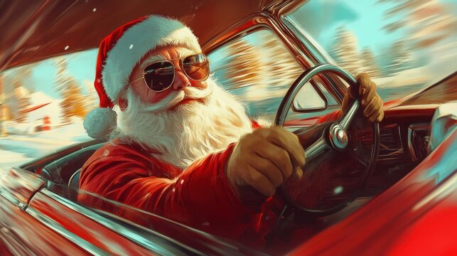 Santa Claus driving a vintage car through a snowy landscape.