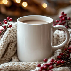 Blank white ceramic mug with Christmas coffee