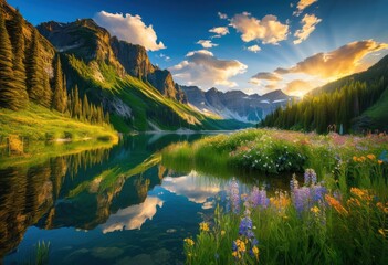 Obraz premium majestic mountain landscapes reflection tranquil lakes surrounded lush greenery bright blue skies, adventure, azure, backdrop, beauty, breathtaking, calm