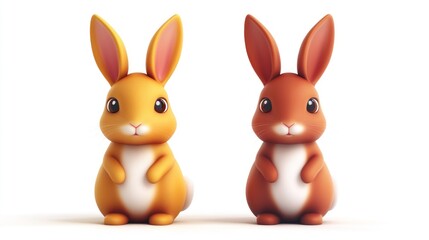 Fototapeta premium Two cute cartoon rabbits, one orange and one brown, standing side by side.