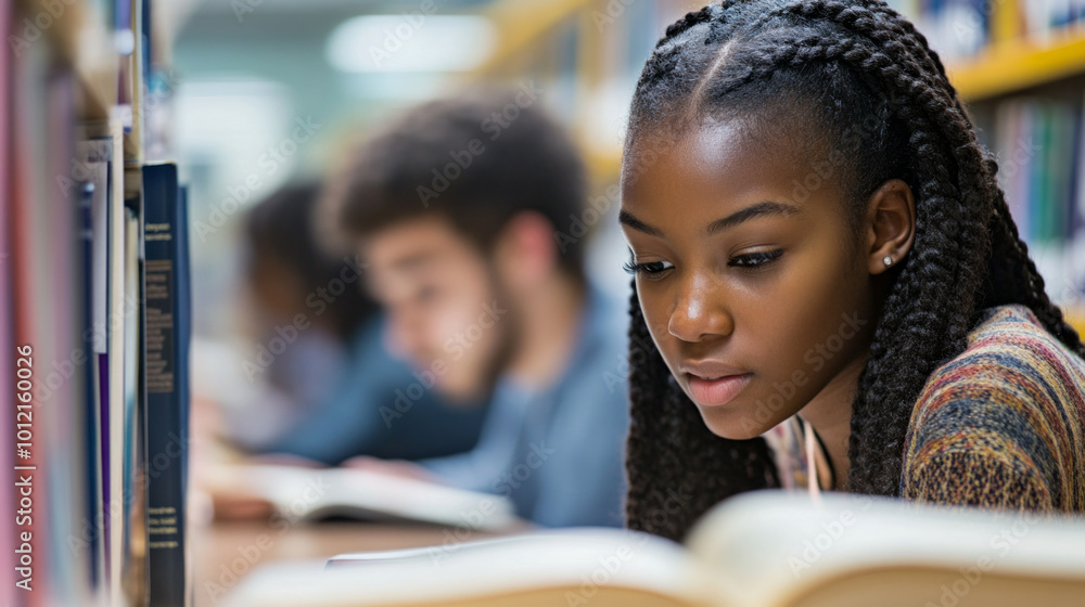 Poster young student focused on reading a book while studying in a quiet library during the afternoon