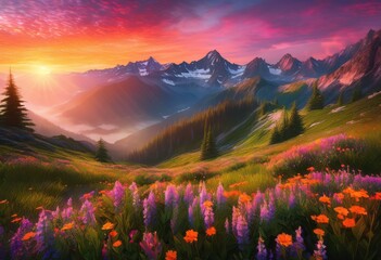 Fototapeta premium vibrant sunrise over serene mountain landscape lush colorful exquisite nature details showcasing tranquil beauty, adventure, backdrop, beautification, cloud