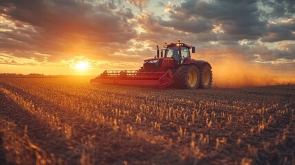 Obraz premium A red tractor plows a field at sunset, kicking up dust.
