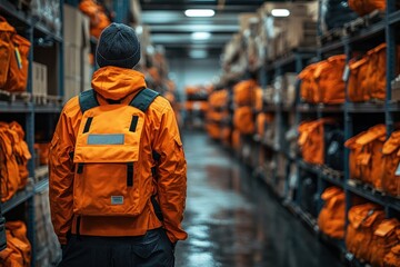 Obraz premium A man in an orange jacket and backpack walks down an aisle in a warehouse.