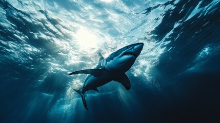 Fototapeta premium Majestic great white shark hunting near the surface in a vibrant blue ocean landscape