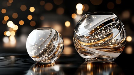 3D rendering of glossy black and gold spheres, and glass spheres with white and gold swirls in an elegant vase, set against a dark blue background with reflective lighting and luxurious finish.