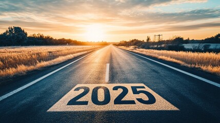 A road stretches into the horizon with "2025" painted on it, symbolizing future journeys.