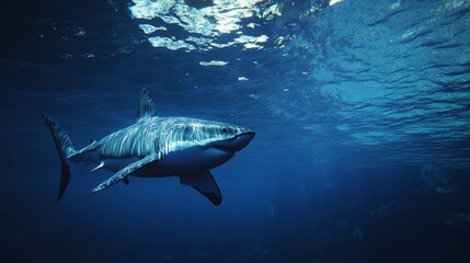 Naklejka premium Majestic great white shark gliding near water surface amidst vibrant midnight and royal blues