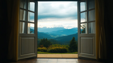 Open door revealing a breathtaking view of mountains and valleys under a moody sky in the afternoon