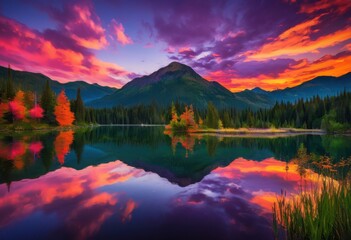 Fototapeta premium stunning serene lake reflection captured twilight showcasing vibrant sunset colors calm waters, scenic, nature, landscape, sky, clouds, evening, horizon