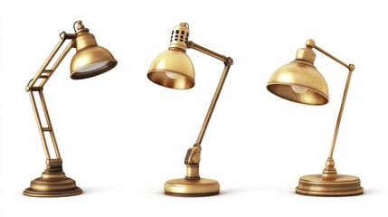 Three vintage-style brass desk lamps arranged in a row, showcasing different designs.