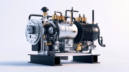 A detailed industrial compressor showcasing various mechanical components and connections.