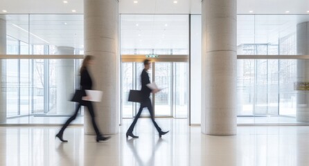 two business people walking through the entrance to an office building, captured in motion blur The scene is set against a minimalist architectural backdrop with white walls Generative AI