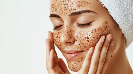 A woman exfoliates her face with a natural scrub while relaxing at home, enjoying a skincare routine focused on self-care and rejuvenation