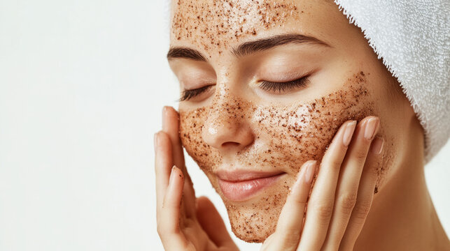 A woman exfoliates her face with a natural scrub while relaxing at home, enjoying a skincare routine focused on self-care and rejuvenation