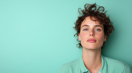  an androgynous woman with short, curly hair 