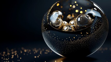 Obraz premium 3D rendering of glossy black and gold spheres, and glass spheres with white and gold swirls in an elegant vase, set against a dark blue background with reflective lighting and luxurious finish.