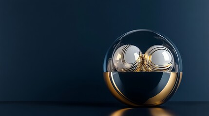 3D rendering of glossy black and gold spheres, and glass spheres with white and gold swirls in an elegant vase, set against a dark blue background with reflective lighting and luxurious finish.