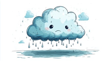 Cute sad cloud illustration with rain drops and cartoon expression