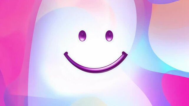 Playful abstract background with vibrant smiley face in center, set against smooth, flowing pastel colors of pink, purple, and blue. Concept of positivity, happiness, cheerful mood, whimsical smile