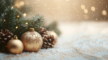 Festive background with Christmas tree branches, cones and balls