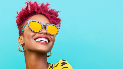 A beautiful Black woman with pink hair and yellow sunglasses smiles against a blue background