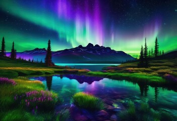 Fototapeta premium majestic nightscape featuring vibrant celestial shimmering luminous stunning aurora borealis above tranquil landscape, sky, stars, galaxies, moon, colors