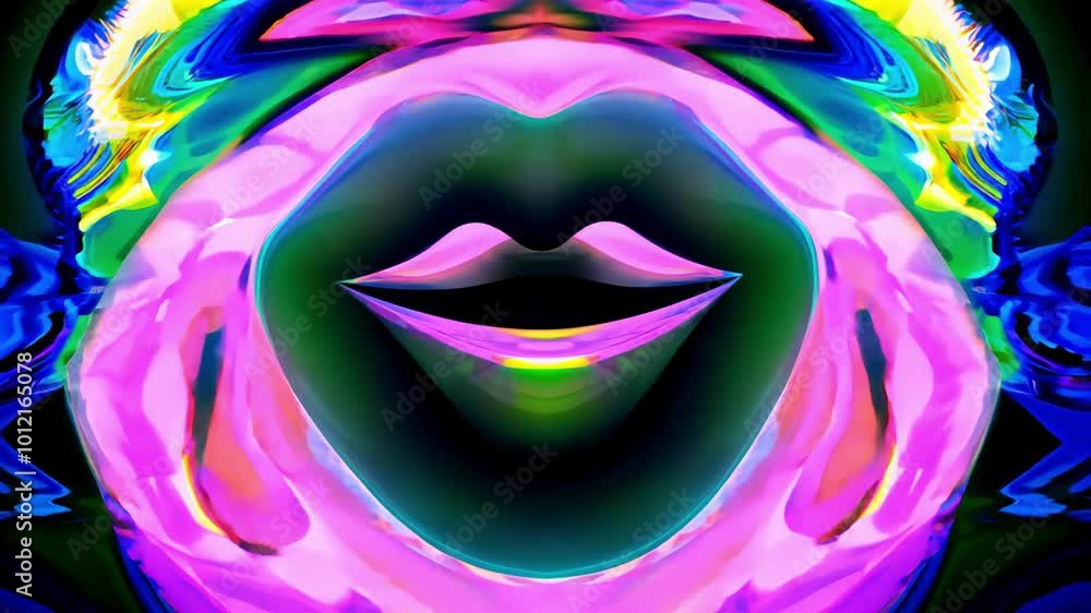Poster disembodied smile floats on a hypnotic, psychedelic background with kaleidoscopic patterns that puls