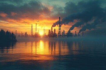 Fototapeta premium A large industrial complex spews smoke into the air as the sun sets over a lake, creating a dramatic and colorful scene.