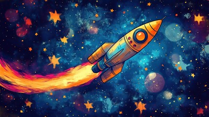 A colorful drawing of a rocket flying through a star-filled space