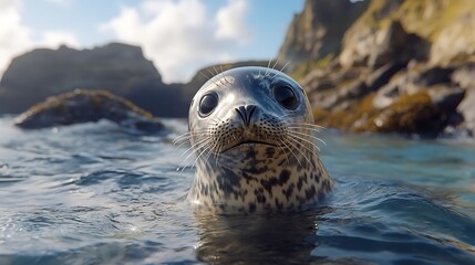 Obraz premium A grey seal watches the waves with sparkling eyes on the Scottish coast